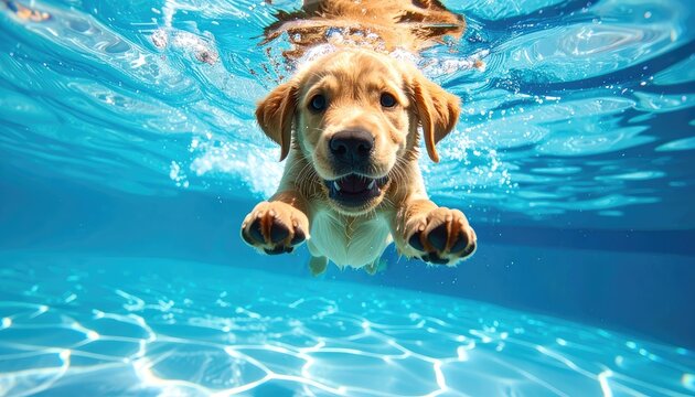 A joyful Golden Retriever puppy swims underwater in a bright blue pool.