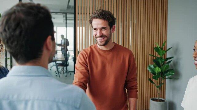 Diverse professional team discussing project ideas during casual meeting in modern office 4K video