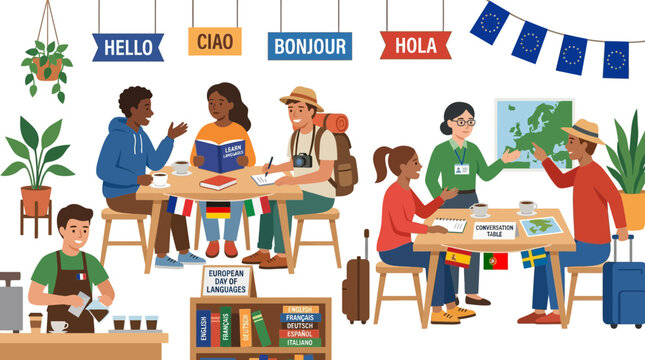 Multicultural Group Learning Languages, Coffee Shop Meeting, Europe Union Flags