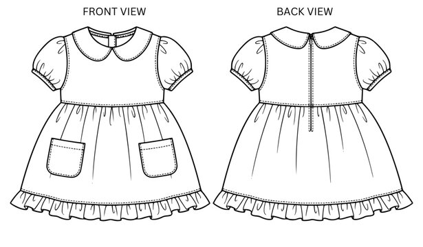 Baby Girl Peter Pan Collar Dress with Puff Sleeves Ruffle Hem and Two Pockets Vector
