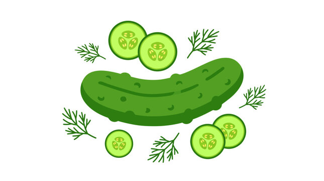 Fresh whole green cucumber and slices with dill sprigs vector