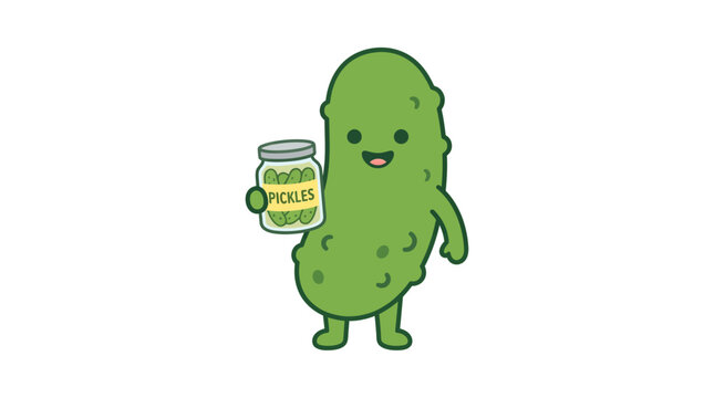 Cute cartoon pickle character holding a jar of pickled cucumbers