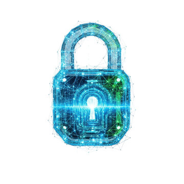Cybersecurity technology digital lock with glowing blue and green circuitry networked in a futuristic geometric design