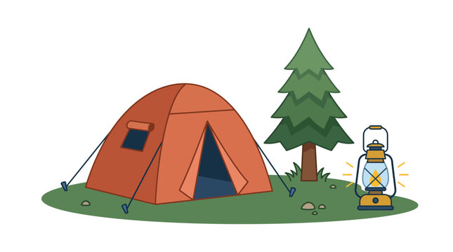 Orange camping tent and lit lantern in nature forest