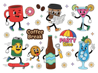 Fototapeta premium Retro Cartoon Beverage Mascots, Vintage Rubber Hose Style Drink Characters for Coffee Break and Party Time Illustrations