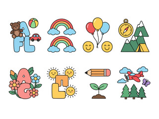 Fototapeta premium Kids Educational Icon Set with Toys, Letters, and Nature Elements