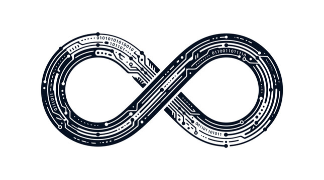 Digital infinity symbol with circuit board patterns representing endless technological connectivity and data cycles