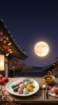 Traditional korean chuseok harvest festival table with songpyeon under full moon