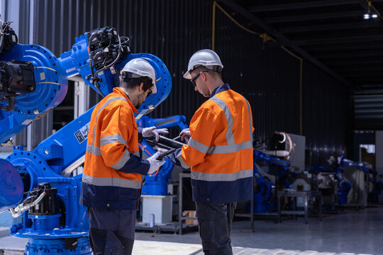 Industrial worker and engineer inspect robotic machinery inside modern factory, wearing orange protective clothing and hard hat during technical maintenance and workplace safety review