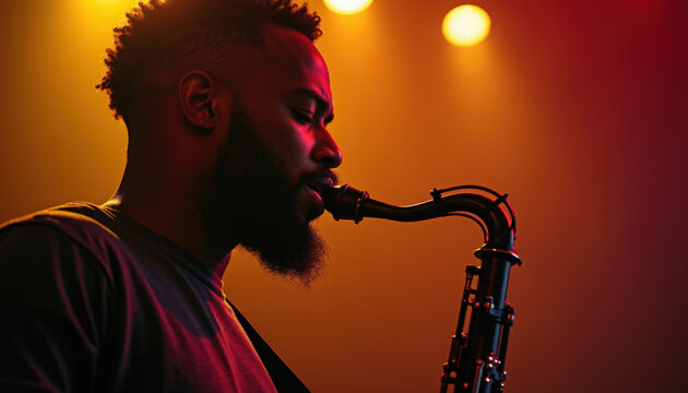 Saxophone player in warm stage lighting, close-up portrait with alto saxophone and visible keys, textured beard silhouette, smoke haze and backlit rim light,