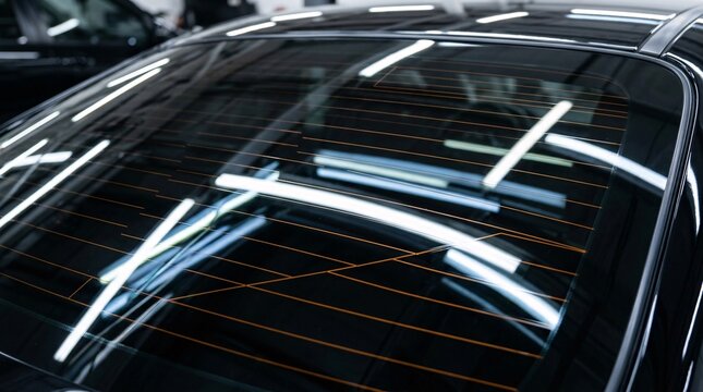 Extreme close-up of a sleek glossy black car rear windshield with orange defroster lines reflecting linear fluorescent garage lights