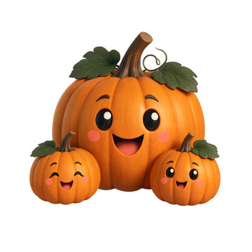 Three cute happy cartoon pumpkins with smiling faces on a transparent background transparent background