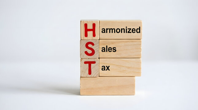 Wooden blocks spelling harmonized sales tax concept on plain