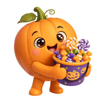 Cute cartoon pumpkin character holding a purple halloween bucket filled with assorted colorful candies and sweet lollipops transparent background