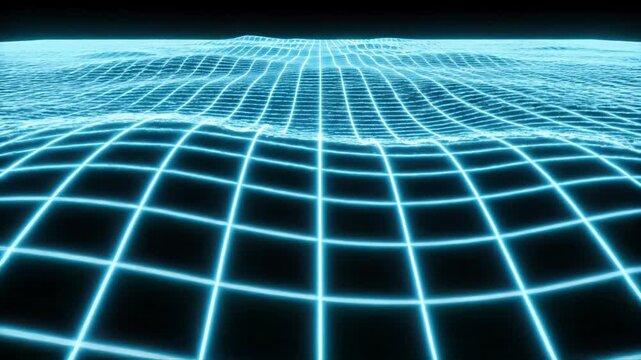 Glowing blue neon grid floor with slight topographic warping and ripples stretching toward a dark horizon, featuring a retro futuristic 80s synthwave style digital landscape.