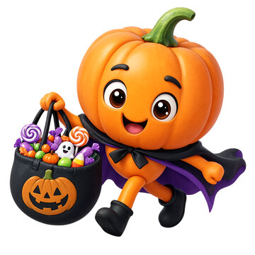 Cute cartoon pumpkin character wearing a cape carrying a bucket filled with colorful halloween candies on transparent background transparent background