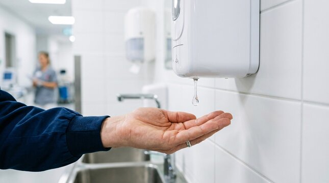 Clear drop of hand sanitizer falling from a white automatic wall dispenser into a waiting cupped hand, clean clinical healthcare setting