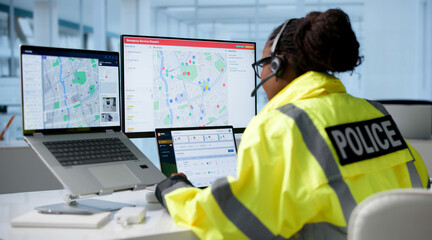 Fototapeta na wymiar Emergency Dispatcher Calmly Answers Urgent 911 Calls