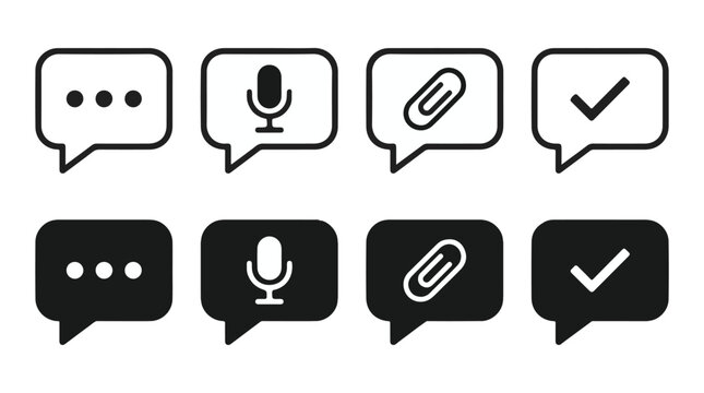 Communication icons set. Speech bubble symbol collection. Vector graphic for messaging apps. Text chat, voice recording, file attachment, and verification signs. isolated PNG with Transparent