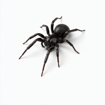 Front closeup of black hairy spider on white background, clearly visible compound eyes and strong chelicerae, entomology high resolution macro photography and animal fear concept.