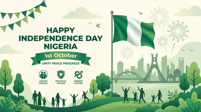 Nigeria Independence Day October 1 Celebration with Flag and City Skyline