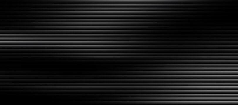 Metallic black horizontal lines background, dark carbon fiber texture, industrial brushed metal surface for technology web design