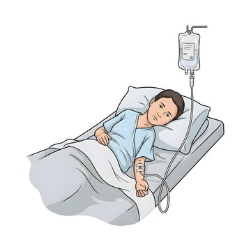 Sebuah gambar ilustrasi seorang pasien anak yang berbaring di tempat tidur rumah sakit dengan selang infus terpasang di lengannya.