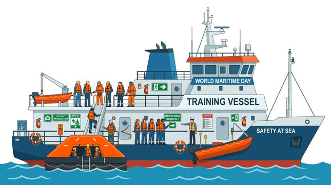 Maritime Training Vessel with Crew in Life Vests, Safety Equipment, and Lifeboats