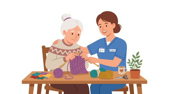 Nurse helping elderly woman knit, care and community, hobby, nursing home illustration