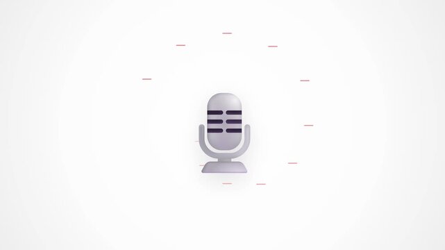 Microphone icon animation featuring sound wave particles radiating outward in a minimalist clean studio design for digital podcast recording and audio broadcasting content creation