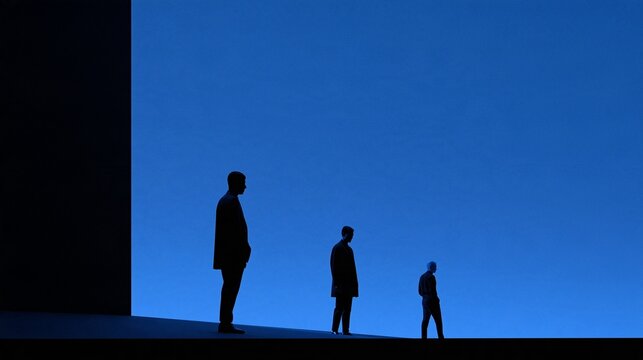 Silhouettes of three men of decreasing height standing in a line against a vibrant blue wall conceptualizing perspective or hierarchy
