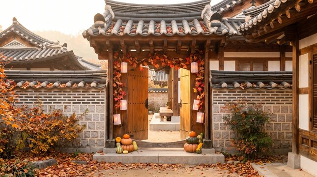Traditional korean hanok entrance gate decorated with autumn leaves