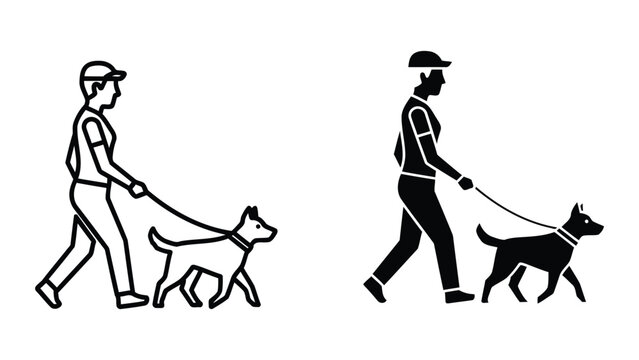 Professional dog walker with pet on leash vector icon set isolated on transparent background
