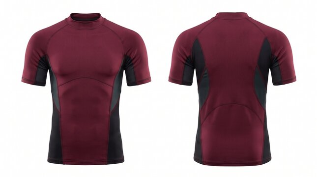 Maroon and Black Men's Short Sleeve Compression Shirt Template, Front and Back View Isolated on White Background