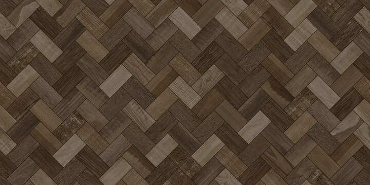 Dark herringbone wood parquet texture, seamless brown timber floor pattern, rustic wooden plank background for interior design and architectural 3D rendering