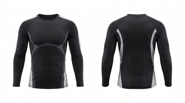 Black and Grey Men's Long Sleeve Compression Shirt Mockup, Front and Back View Isolated on White Background