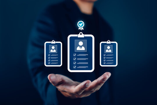 Business recruitment concept showing candidate profiles with checklists and approval badge, representing hiring, talent selection, employee screening, human resources, recruitment management.