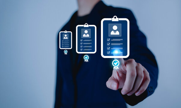 Business professional selecting qualified candidates through digital profiles, representing recruitment, hiring, talent acquisition, employee screening, and human resources management.