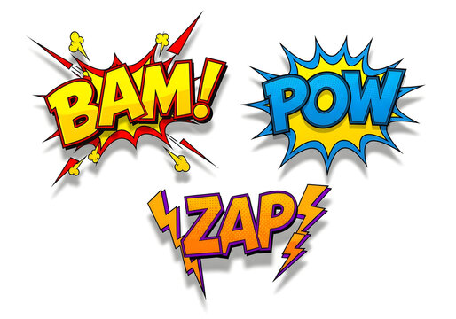 Vibrant 3D comic-style action words with explosive effects, ideal for advertising, marketing campaigns, graphic design, and pop art projects to convey energy and impact.