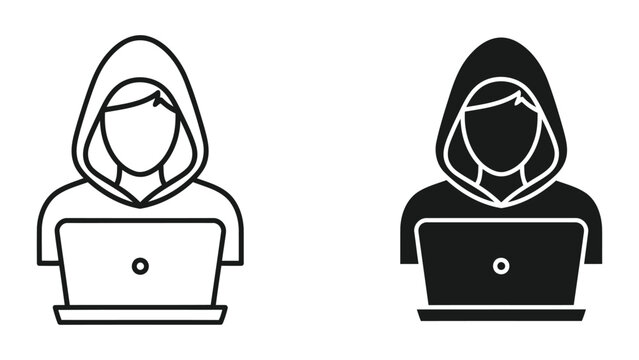 Hacker with hoodie using laptop icon set in outline and solid black vector design