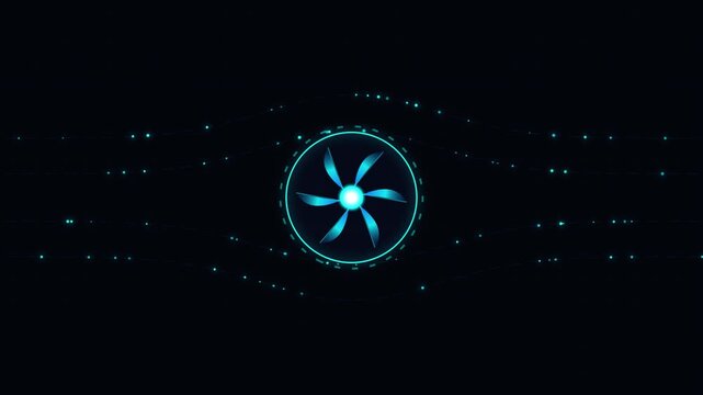 Spinning blue fan interface icon with glowing data particles a rotating mechanical symbol displayed within a 4K video