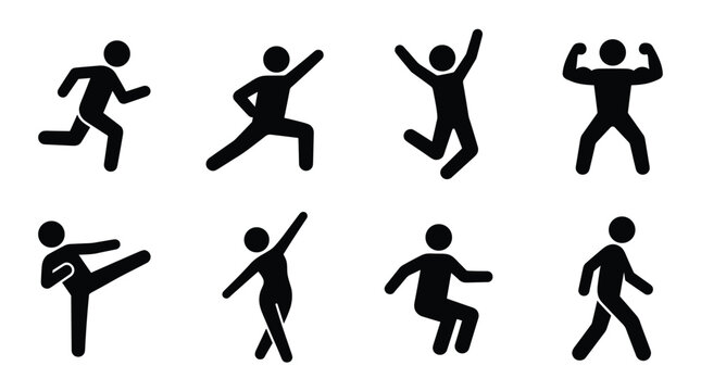 Set of diverse stick figure poses for sports and fitness activities collection