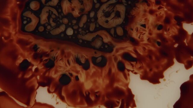 Abstract macro footage of dark viscous liquid mixing with creamy surface.
