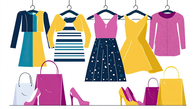 fashion shopping flat vector illustration with clothing and accessories