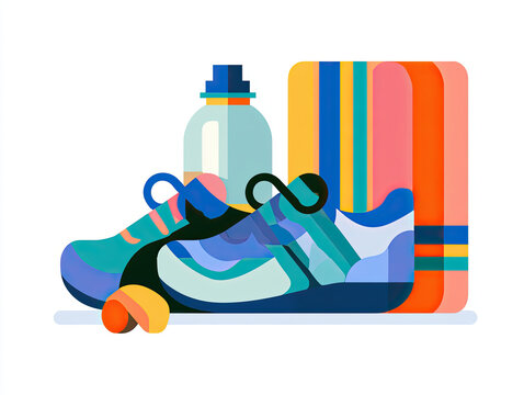 transparent sports shoes and water bottle vector illustration
