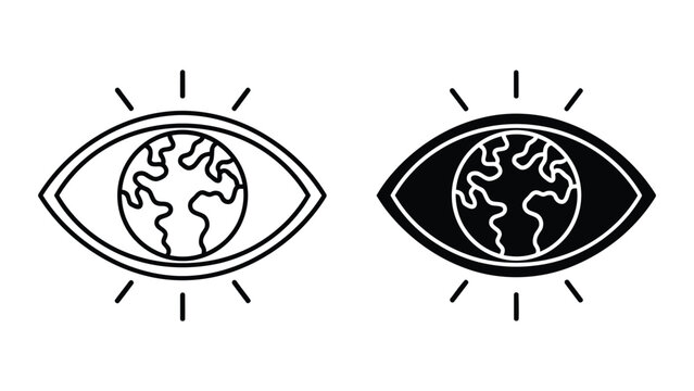 Human eye silhouette with world map globe inside vision or perspective vector icon