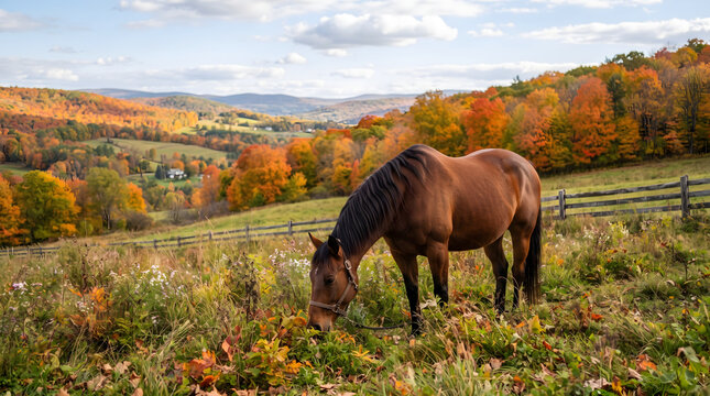 A majestic brown horse grazes peacefully in a vibrant autumn field surrounded by rolling hills and a stunning panorama of colorful fall foliage under a bright cloudy sky showcasing the beauty of