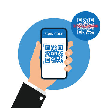 Professional design of hand holding smartphone while scanning qr code in blue circular set