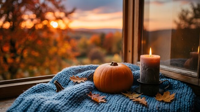 A cozy autumn scene with a pumpkin, a lit candle, and fallen leaves on a blue knitted blanket by a window at sunset