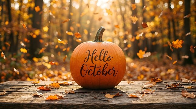 A pumpkin with hello october text on a rustic wooden table in a forest with falling autumn leaves and warm golden sunlight